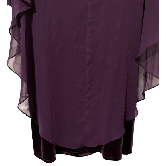 GLAMOUR NIGHTS CAPE MIDI DRESS, WOMENS, 20, WINE, SLEEVELESS, CHIFFON & VELOUR - Picture 7 of 10